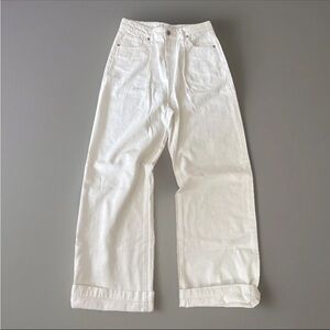 Grey Lab women's white pleated long wide leg jeans denim